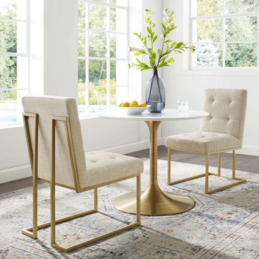 Side Dining Chair, Set of 2, Fabric, Metal, Gold Beige, Cafe Bistro Restaurant