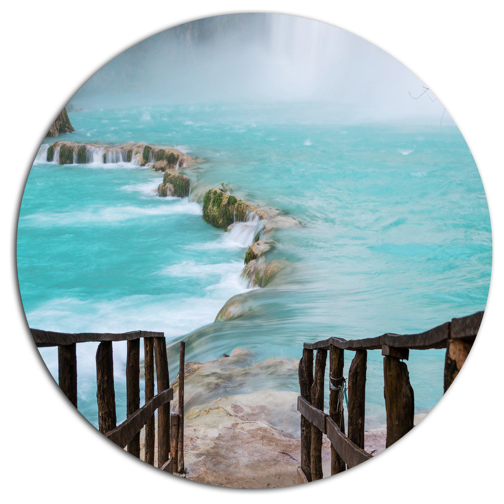 Old Bridge Into Mexico Waterfall, Seashore Round Metal Wall Art, 36"
