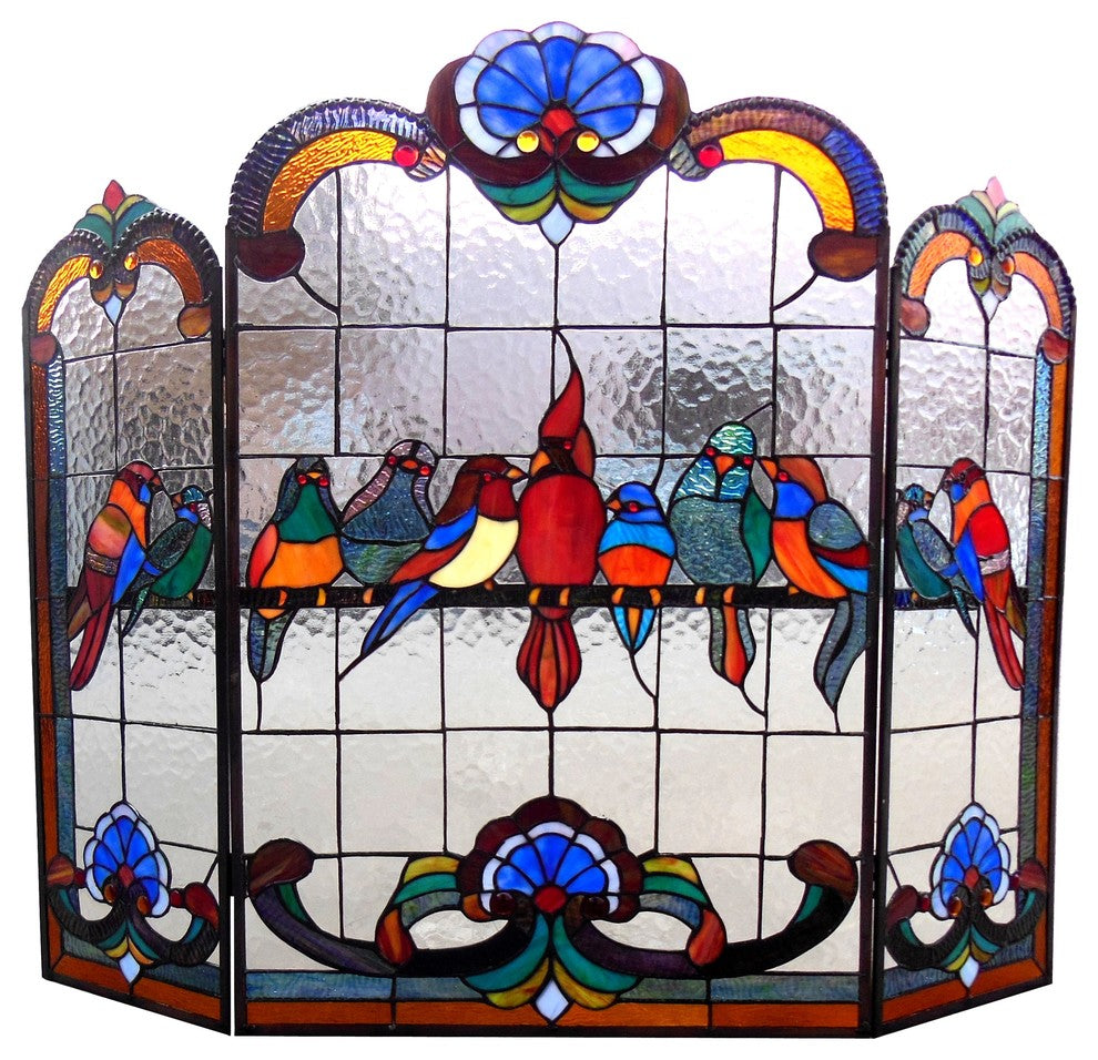 AVES, Gathering Birds Design 3pcs Folding Fireplace Screen, 40" Wide