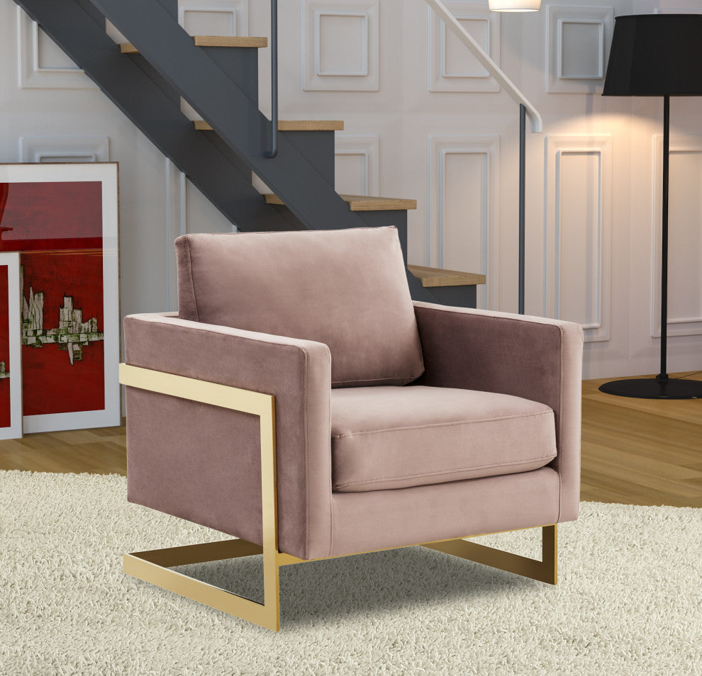 LeisureMod Lincoln Velvet Accent Armchair With Gold Frame, Pink