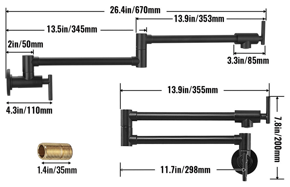VEVOR Pot Filler Faucet Solid Brass Wall Mount Kitchen Faucet 26.4", Matte Black