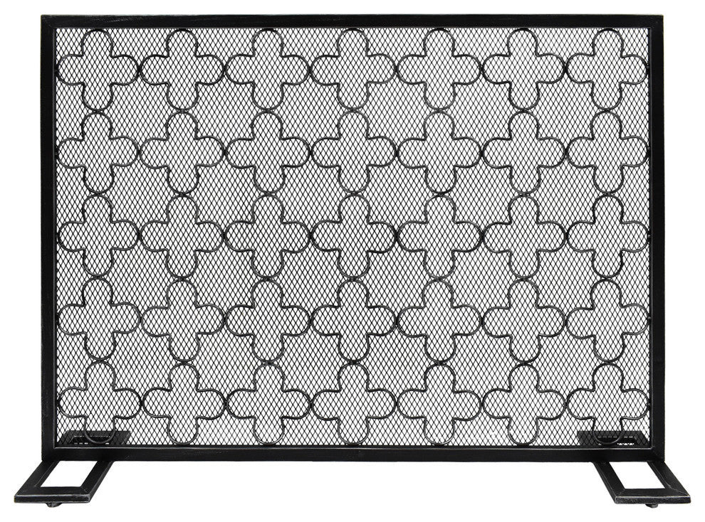 Uriah Modern Single PanelIron Firescreen, Black Brushed Silver Finish