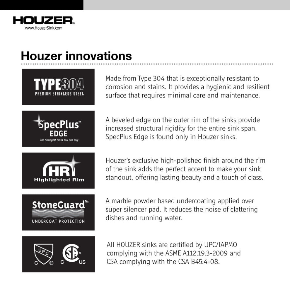 Houzer CS-1407 Club 13-5/8" Undermount Single Basin Stainless - Stainless Steel