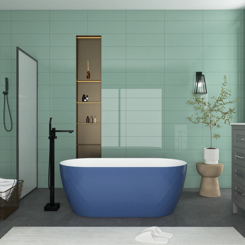 59 Inches Acrylic Freestanding Flatbottom Soaking Bathtub, Drain, Matte Blue