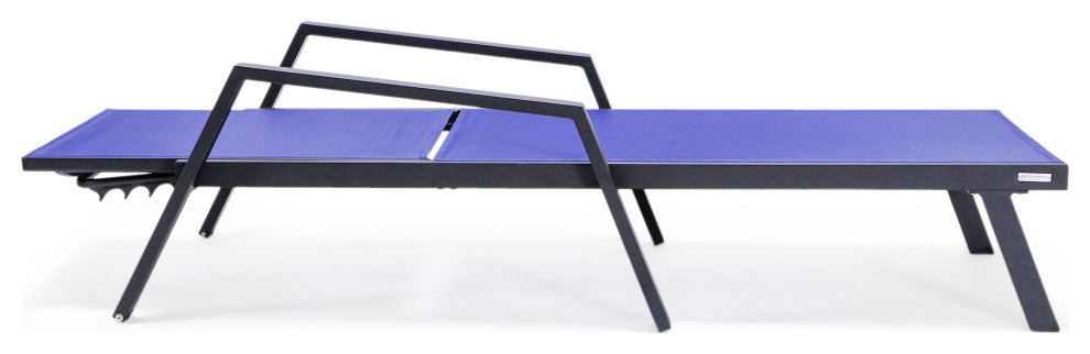 LeisureMod Marlin Chaise Lounge Chair With Arms and Fire Pit Table, Navy Blue
