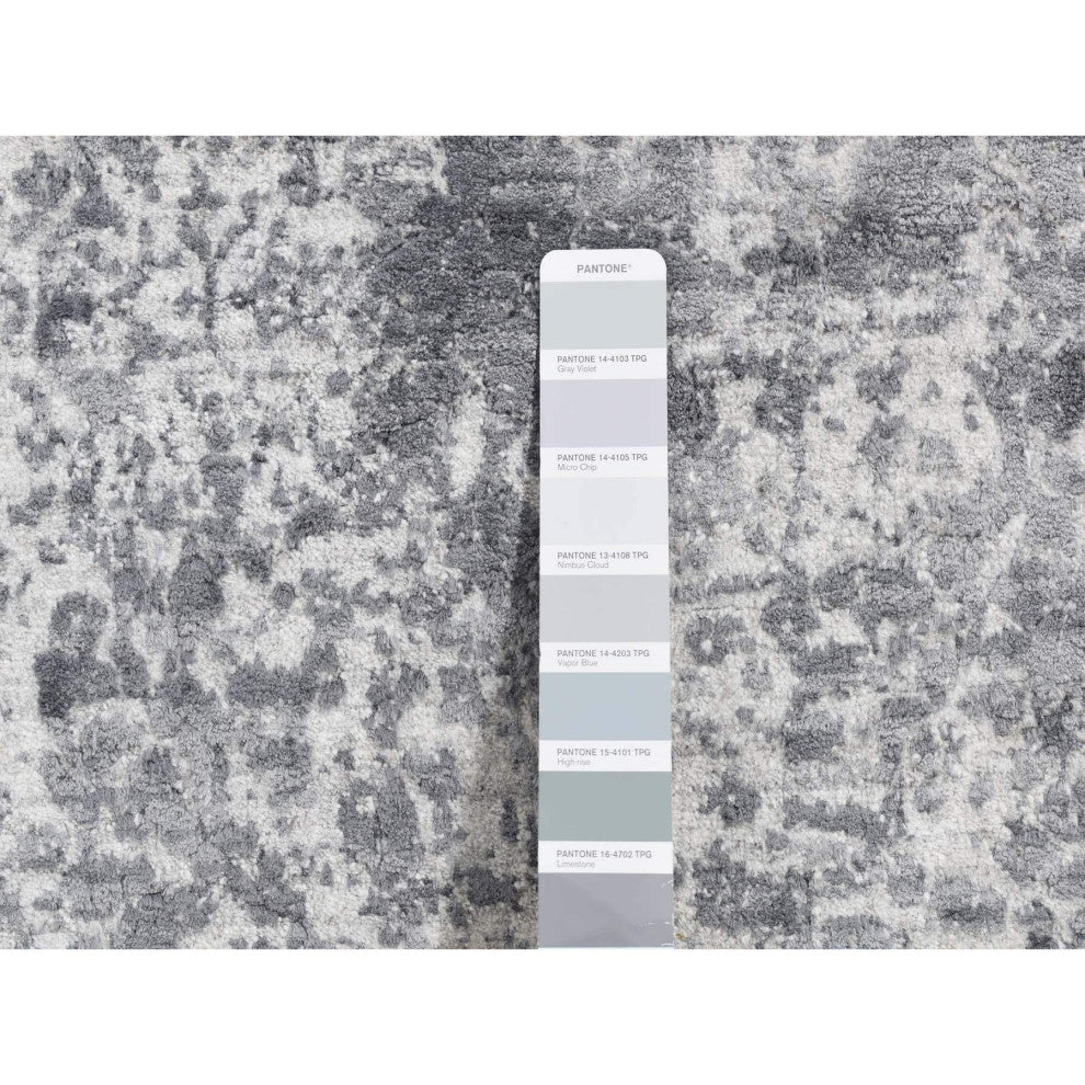 Gray Hand Knotted Erased Persian Design Wool and Silk Runner Rug 2'7"x7'10"