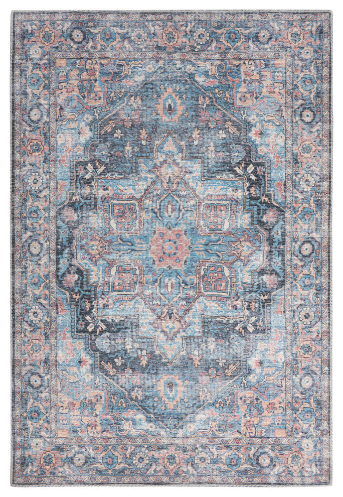 Nicole Curtis Machine Washable Floral Light Blue Multicolor Area Rug, Light Blue Multi, 4' X 6'