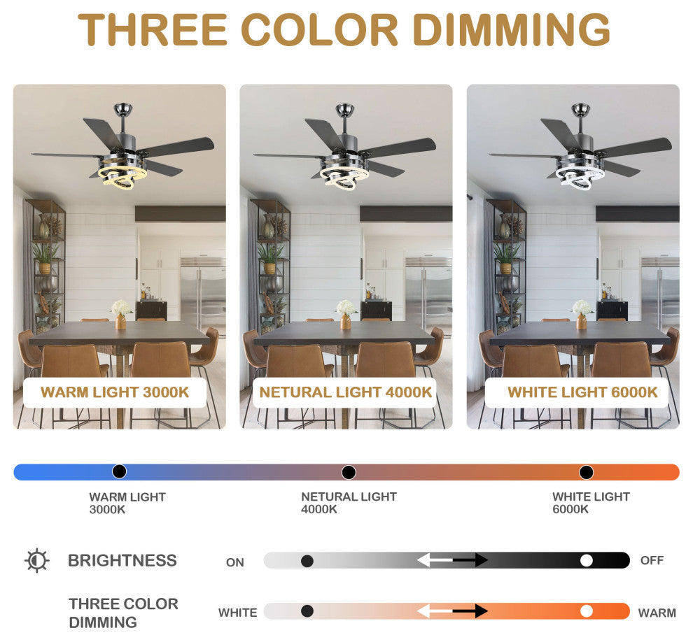 52" Ceiling Fan with Adjustable LED Light Kit, 3 Color Tone 6 Fan Speed, Chrome