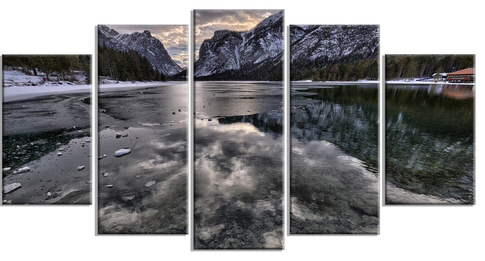 "Black Icy Mountain Lake With Snow" Landscape Wall Art, 5 Panels, 60"x32"
