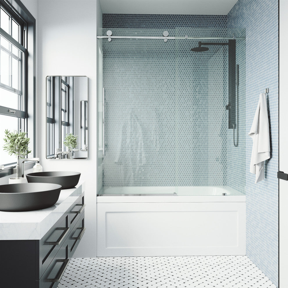 VIGO Elan E-Class 56" to 60" W x 66" H Frameless Sliding Tub Door, Chrome, Clear Glass
