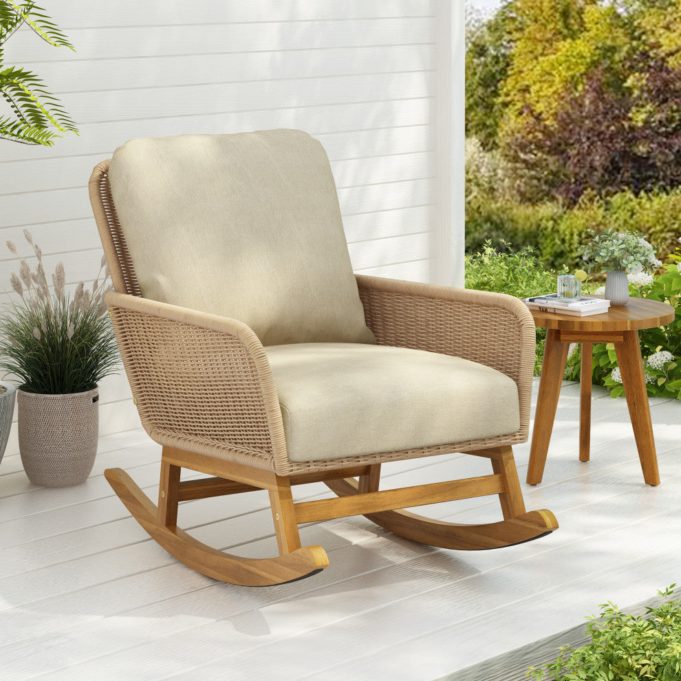 GDF Studio Outdoor PE Rattan Rocking Chair With Cushions, Beige/Natural, Single