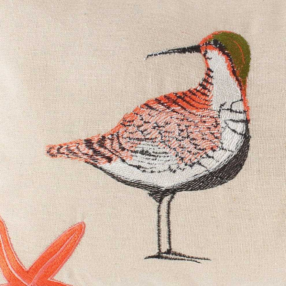 Benzara BM293457 Throw Pillow, Hand Embroidered Shorebirds, Canvas and Linen