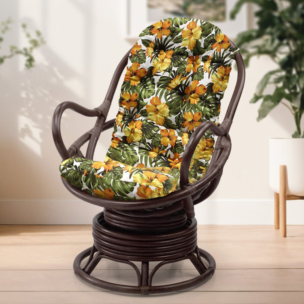 Java Lounge Swivel Rocking Chair Rattan Wicker, Dark Brown, Floral Cushion
