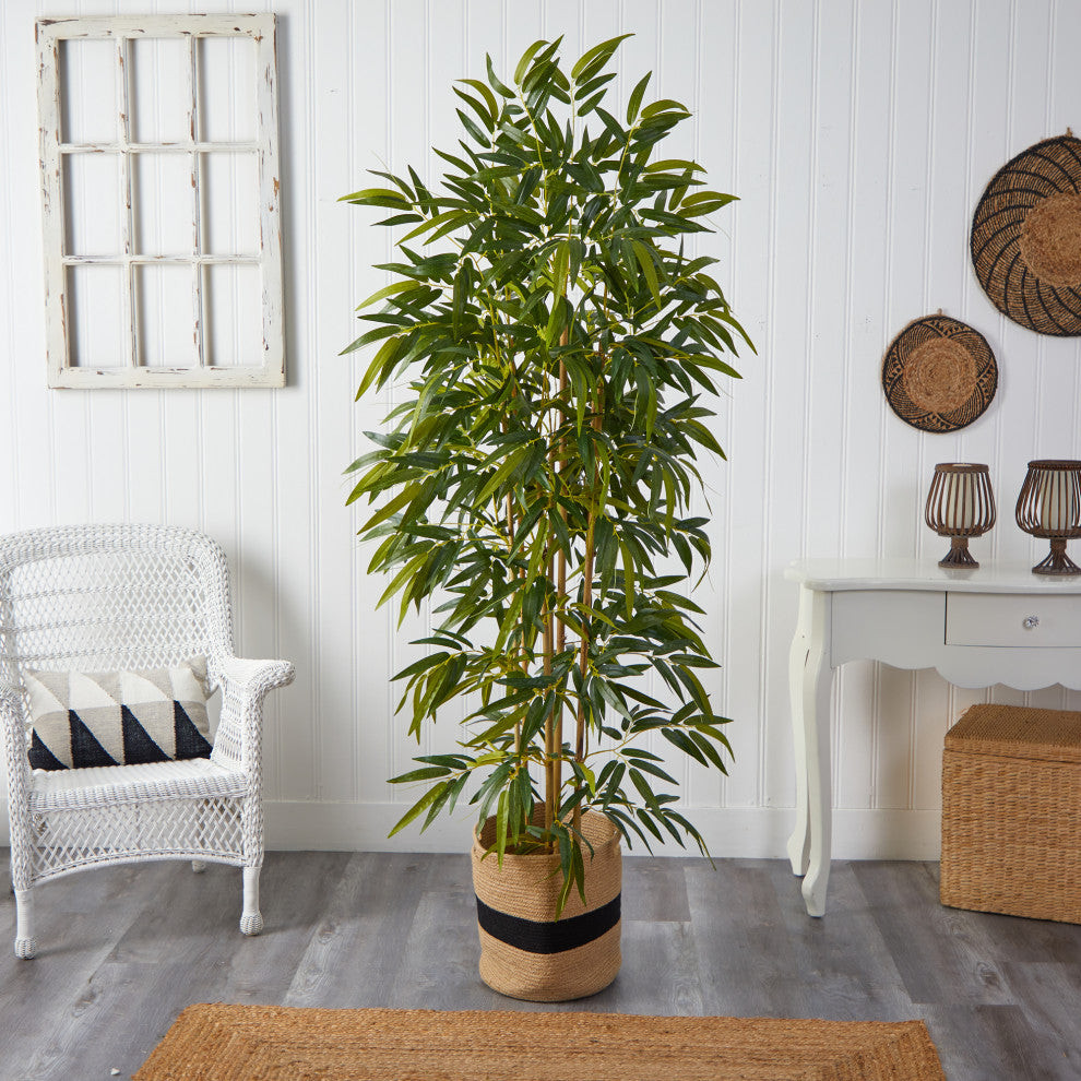 75" Bamboo Artificial Tree, Handmade Natural Cotton Planter