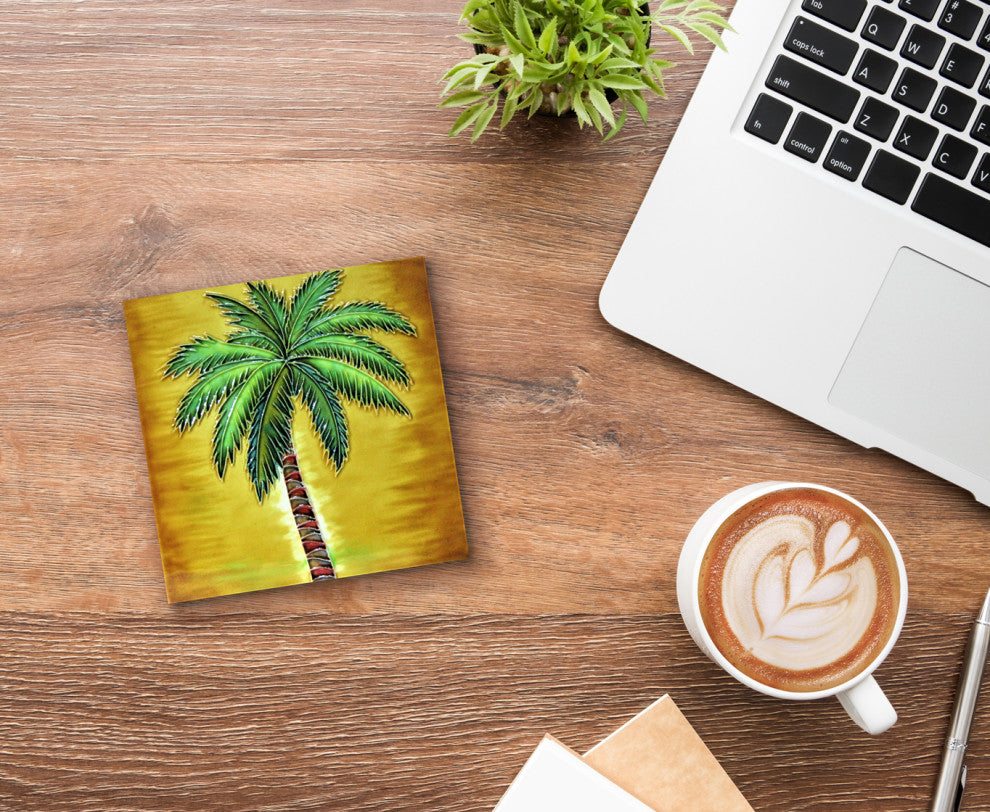 4x4" Palm Tree With Orange Background Ceramic Art Tile Drink Holder Coaster