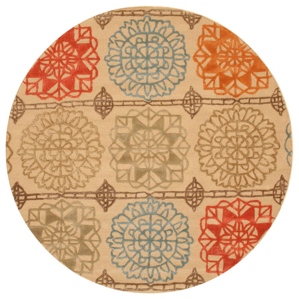Hand-tufted Wool Beige Transitional Geometric Matrix Rug, 6' Round