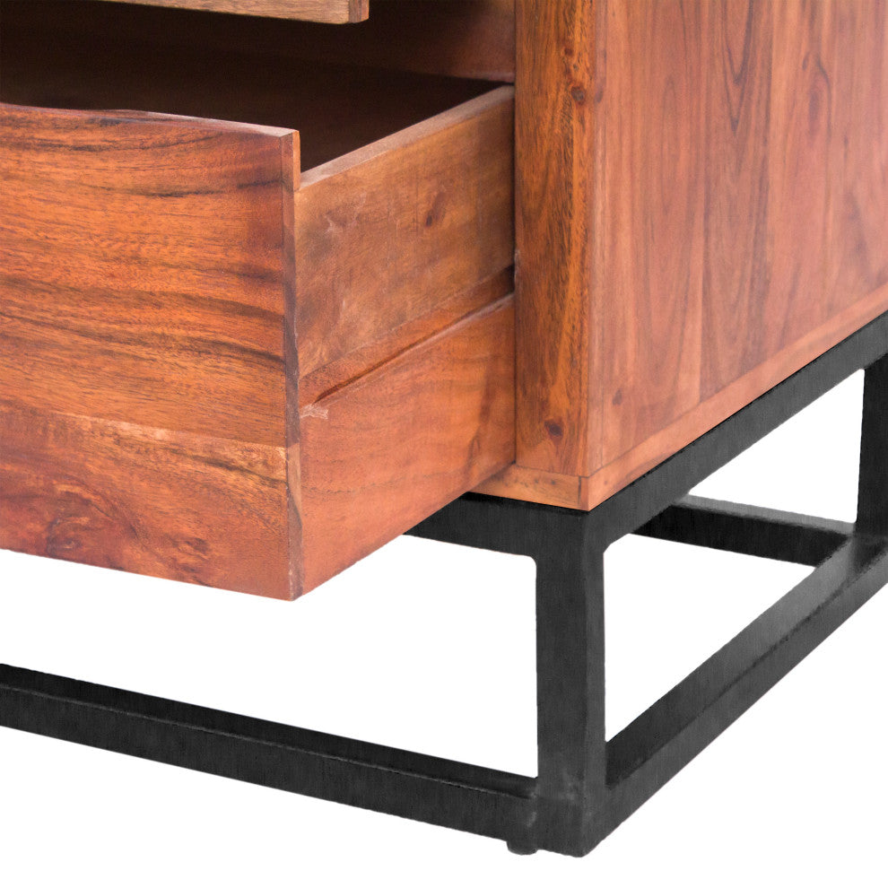 Modern Acacia Wood Dresser Or Display Unit With Metal Base, Walnut Brown & Black