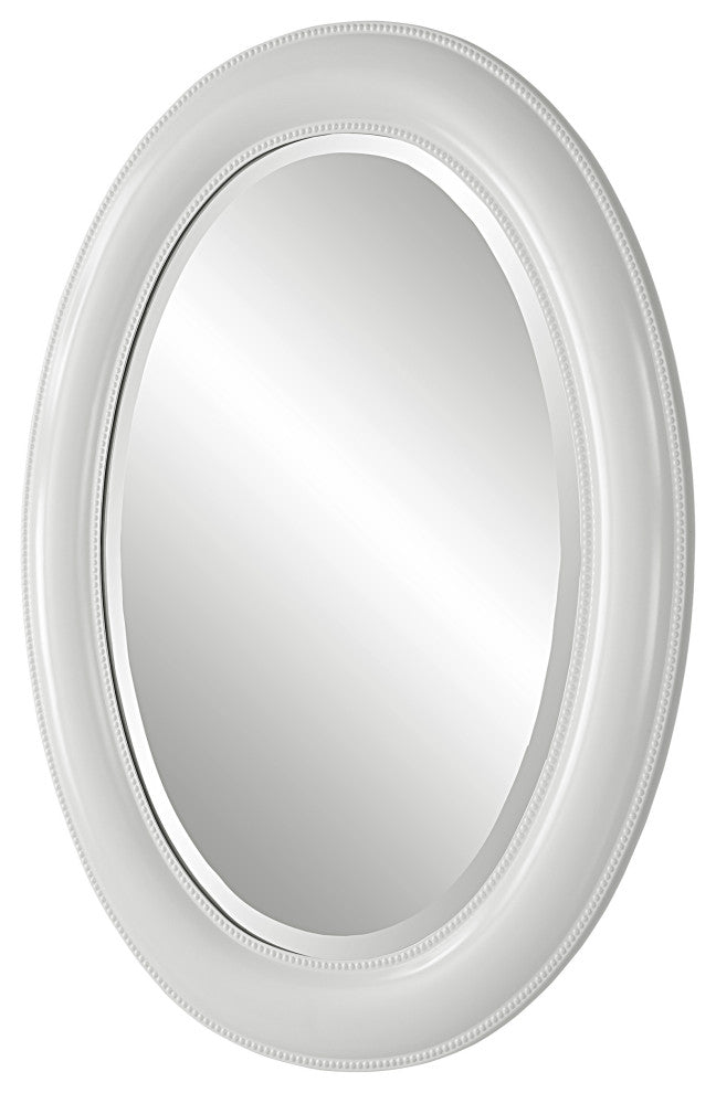 29 Inch Wood Wall Mirror, Beaded Oval Shape, White