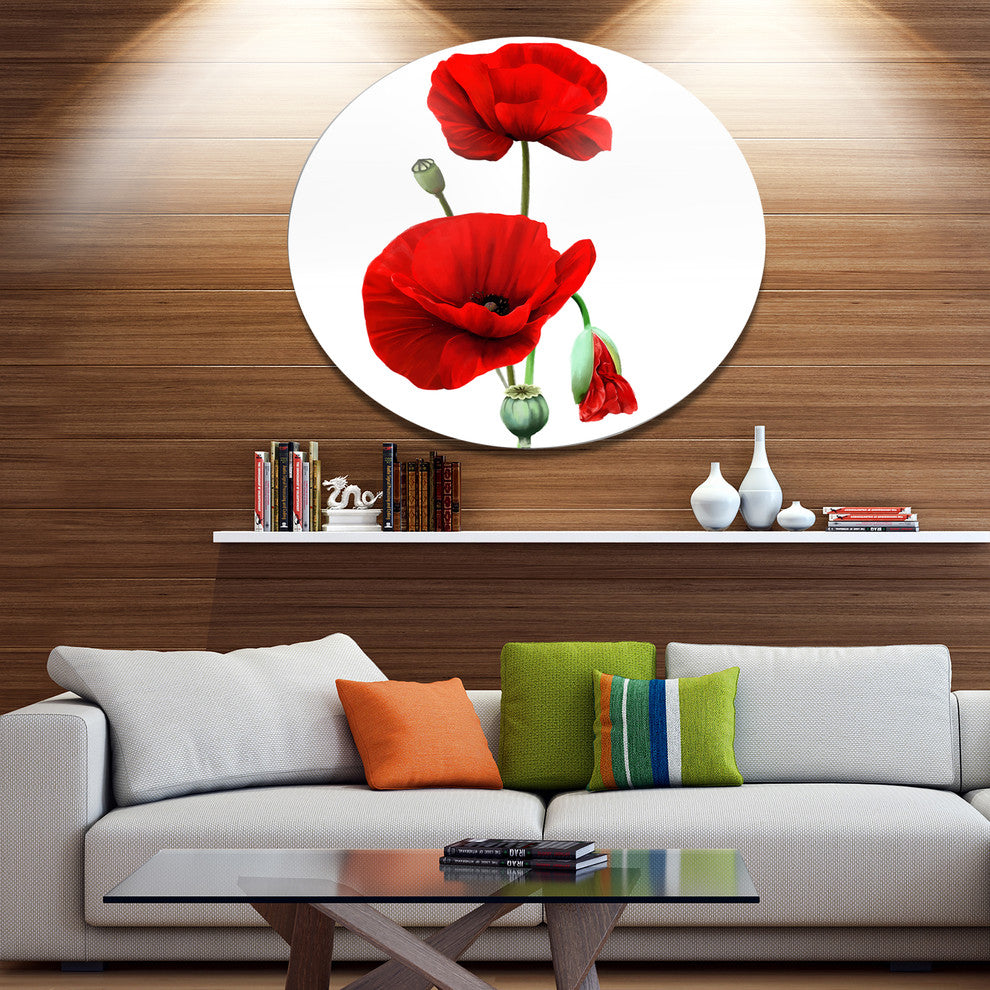 Red Poppies On White Background, Floral Disc Metal Artwork, 36"