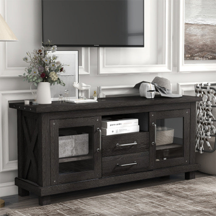 Vintage Particleboard TV Stand with Two Drawers and Open Style Shelves
