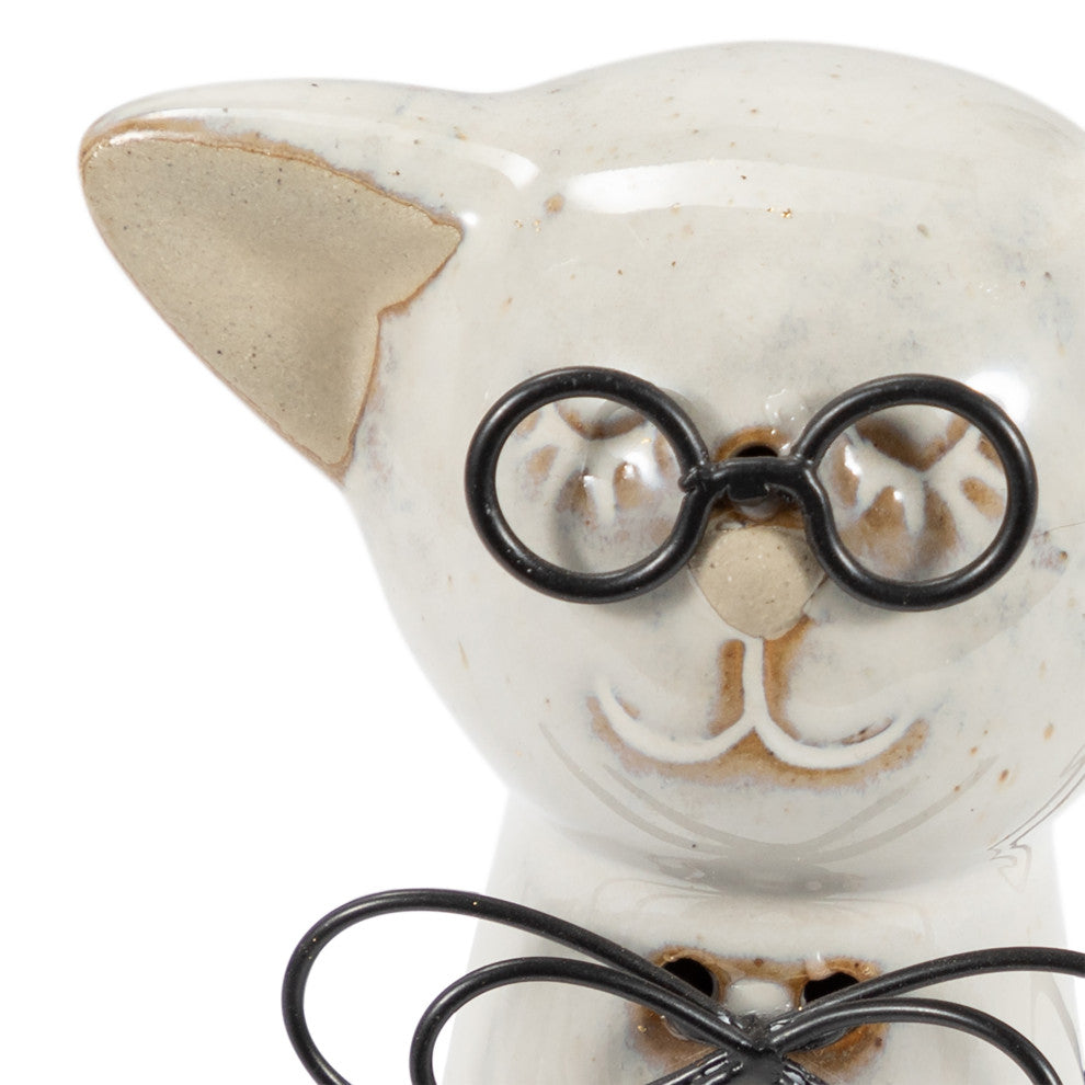Ceramic 7"H Cat With Glasses, Beige