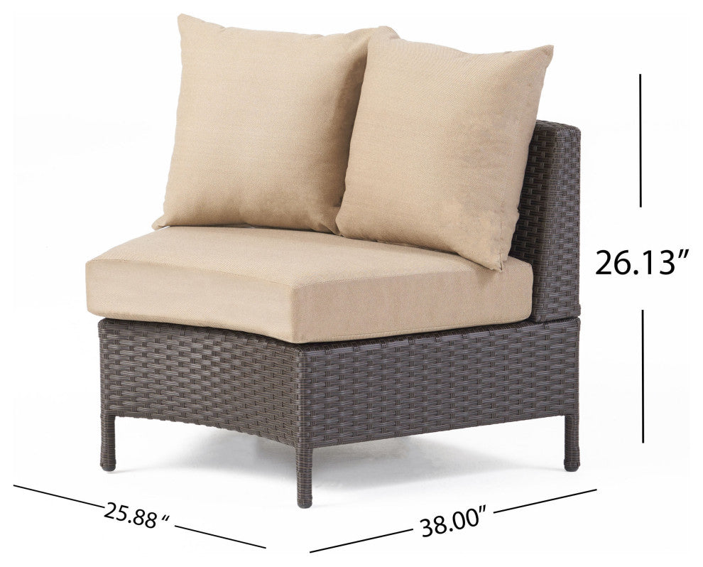 Harper Outdoor Wicker Curved Loveseat Sectional With Cushions, Dark Brown/Beige