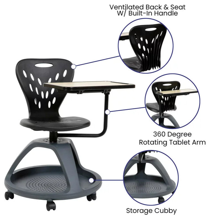 Mobile Desk Chair, Multifunctional Integrated Design With Storage Shelf, Black