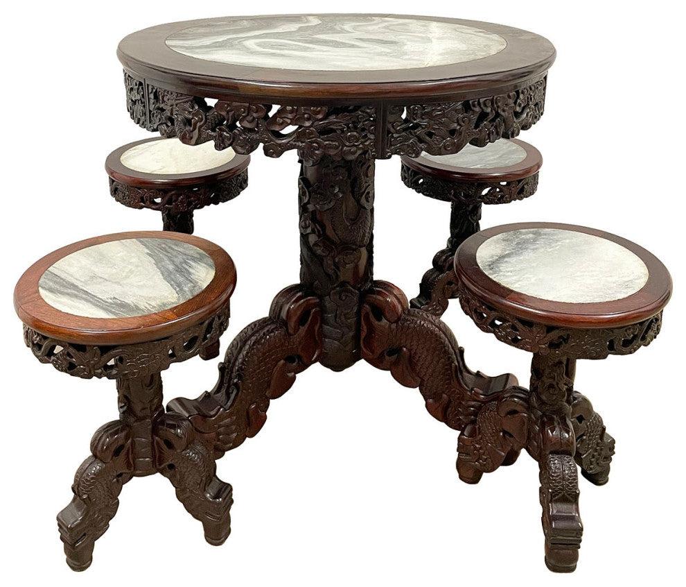 Consigned 20 Century Chinese Marble Top Hardwood Carved Round Dinning Table set