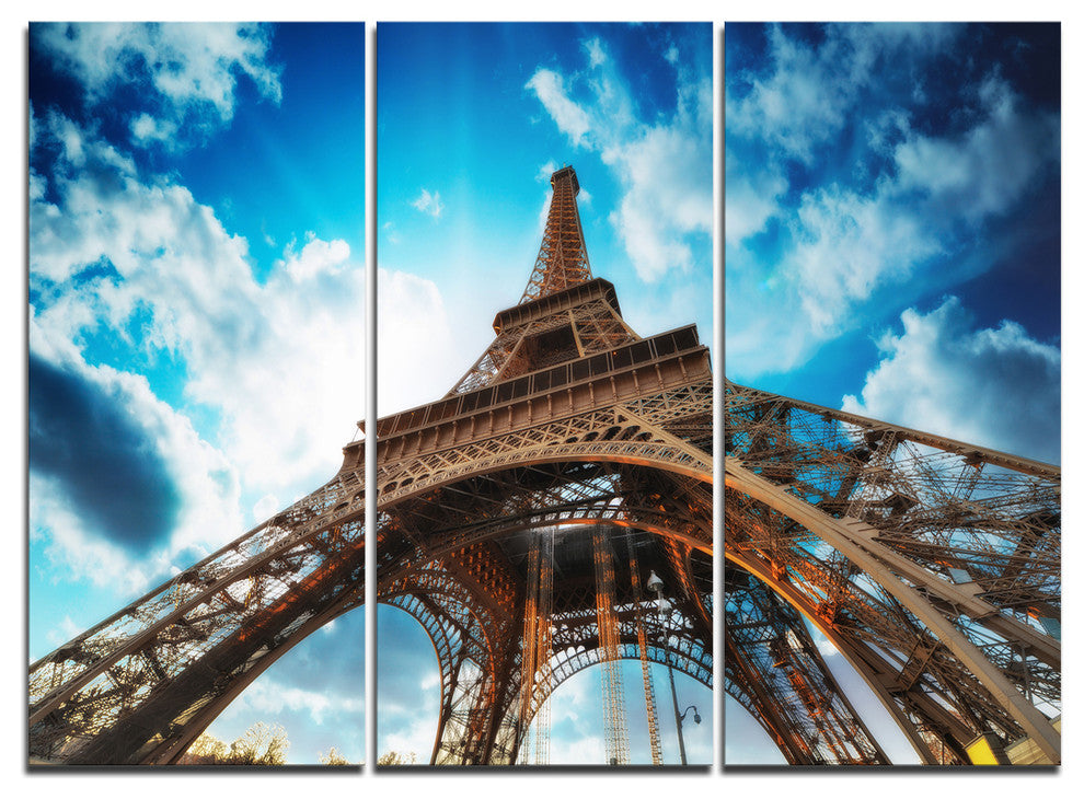 "Beautiful Paris Eiffel Tower Under Blue Sky" Metal Wall Art, 3 Panels, 36"x28"