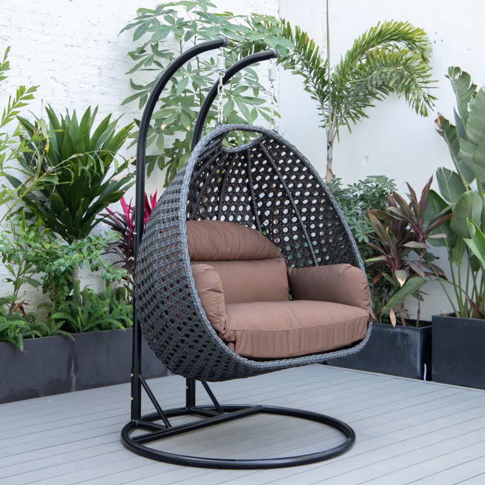 LeisureMod Mendoza Charcoal Wicker Hanging Double Egg Swing Chair, Brown