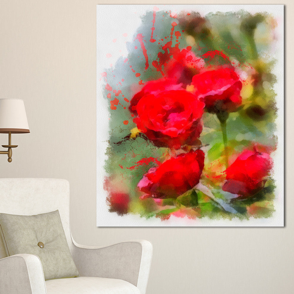 Red Roses on Green Watercolor, Flower Artwork on Canvas, 30"x40"