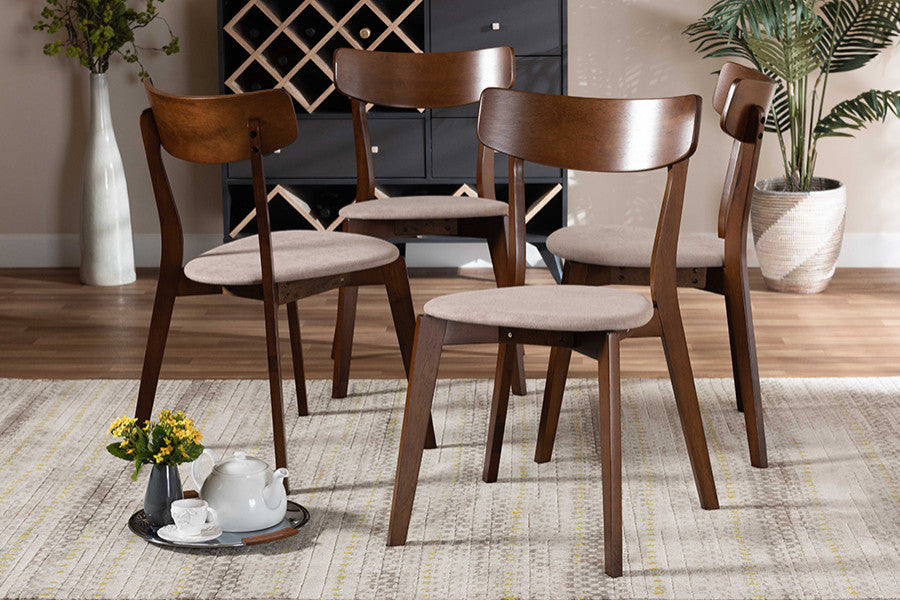 Light Beige Fabric Upholstered and Walnut Brown Wood 4-Piece Dining Chair Set