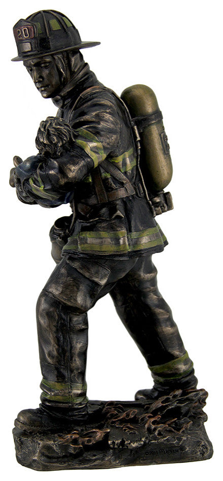 Firefighter Carrying Child Metallic Bronze Statue 11 Inches Tall