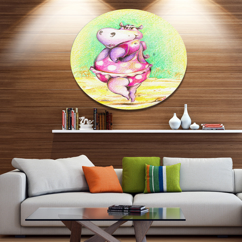 Cute Hippo Goes Swimming, Animal Disc Metal Artwork, 36"