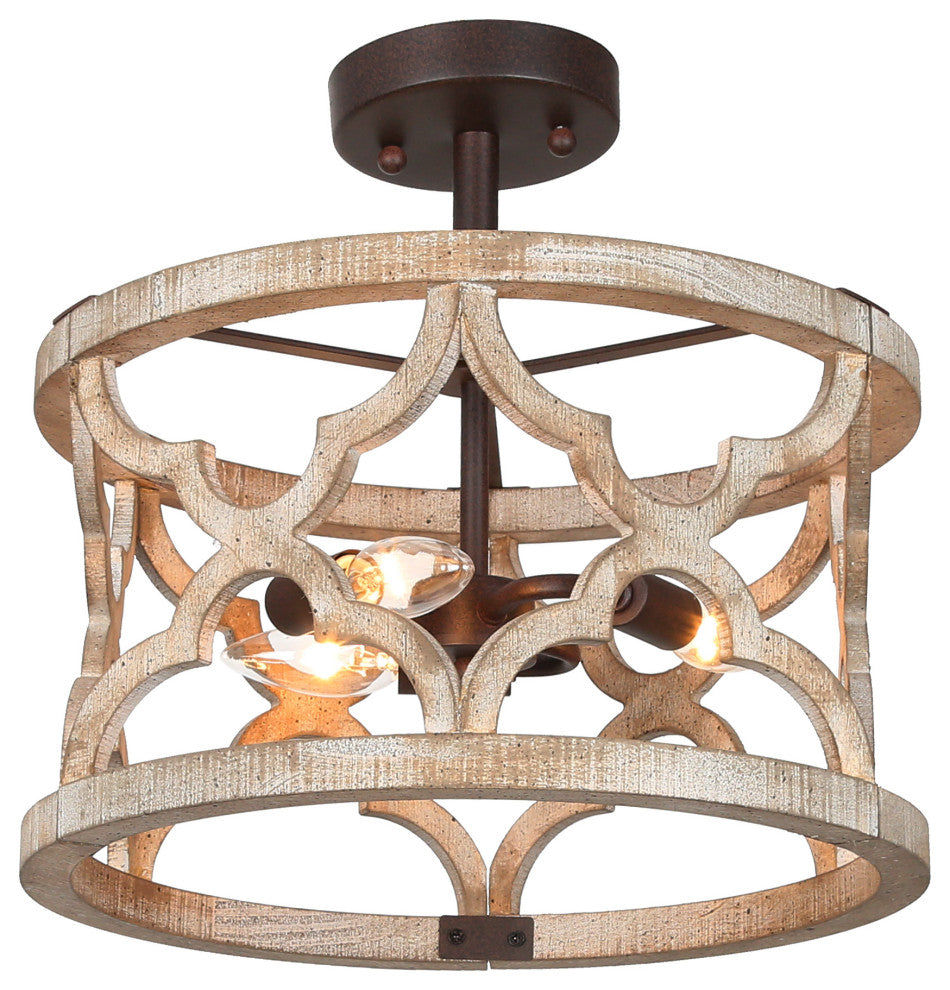 LNC 3-Light Distressed Wood/Bronze Farmhouse Drum Semi-Flush Mount Ceiling Light