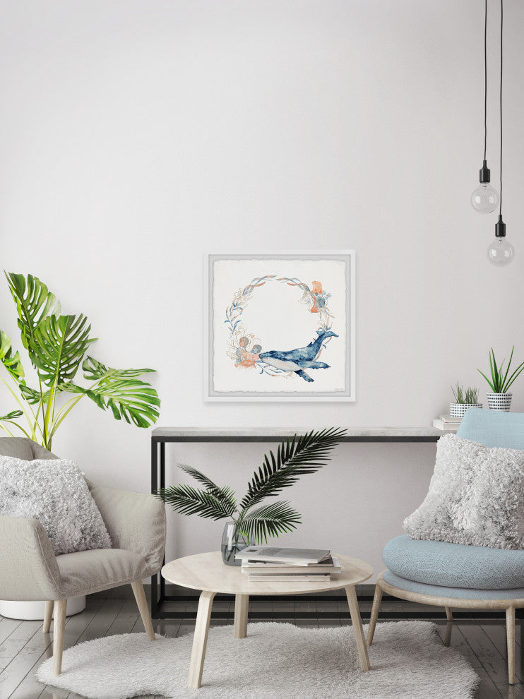 "Flower Crown Whale" Framed Painting Print, 18x18