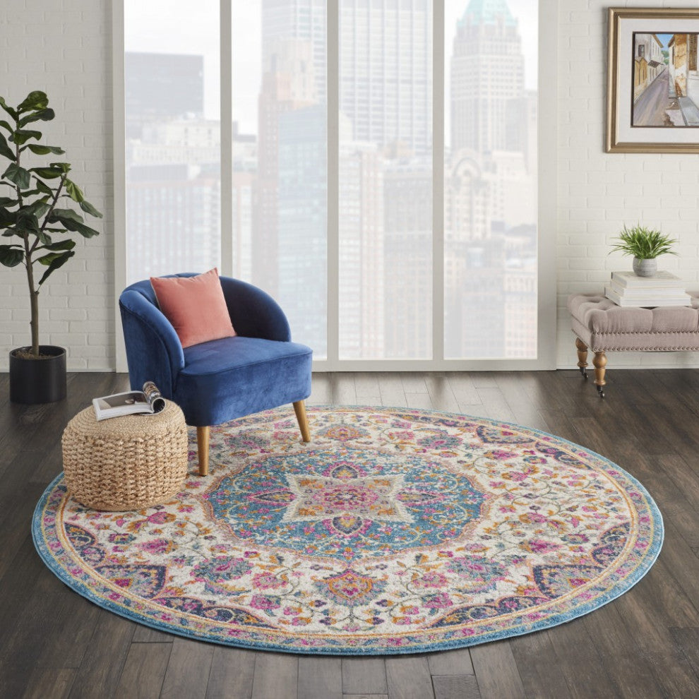 8 Round Pink and Blue Floral Medallion Area Rug