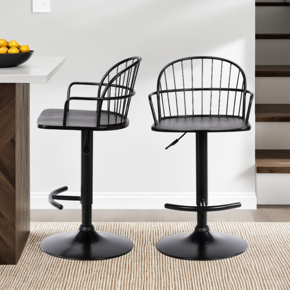 Edward Adjustable Wood and Metal Barstool, Black