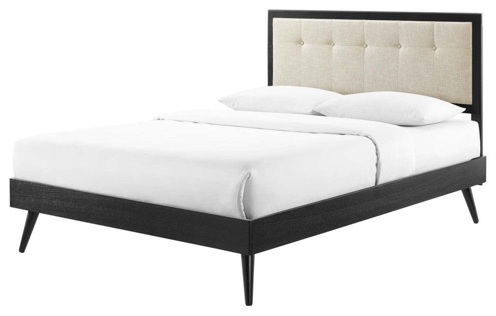 Platform Bed Frame, King Size, Wood, Black Beige, Modern Mid-Century, Bedroom