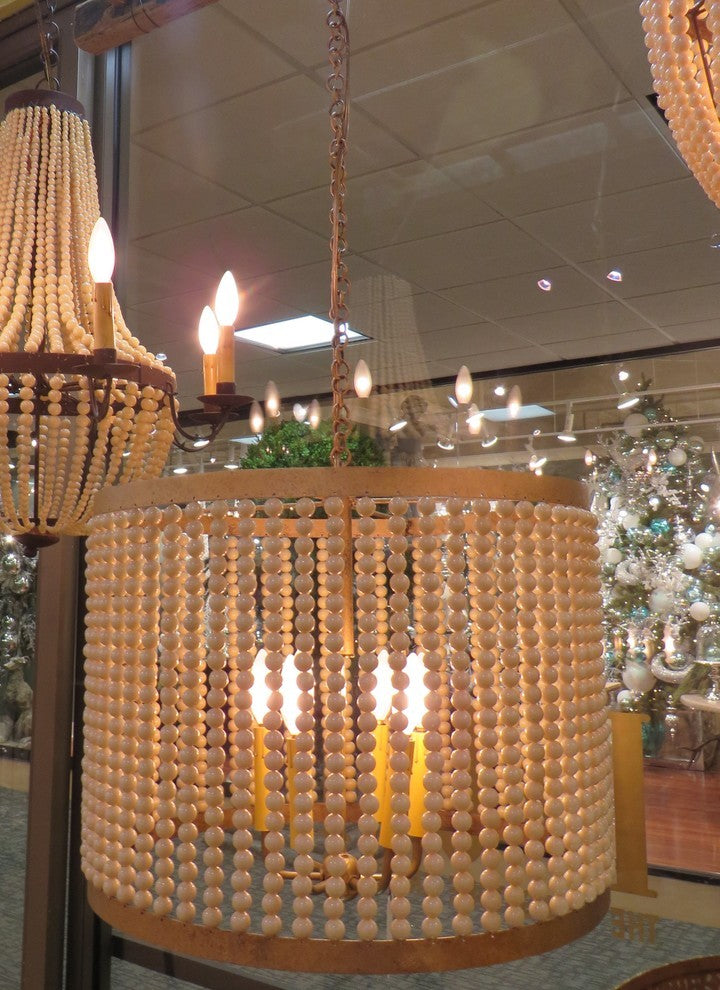 20" Iron Cream Beaded Drum Pendant Chandelier, Romantic Pearl 6-Light Antique
