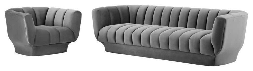 Tufted Armchair and Sofa Set, Velvet, Gray, Modern, Lounge Hospitality