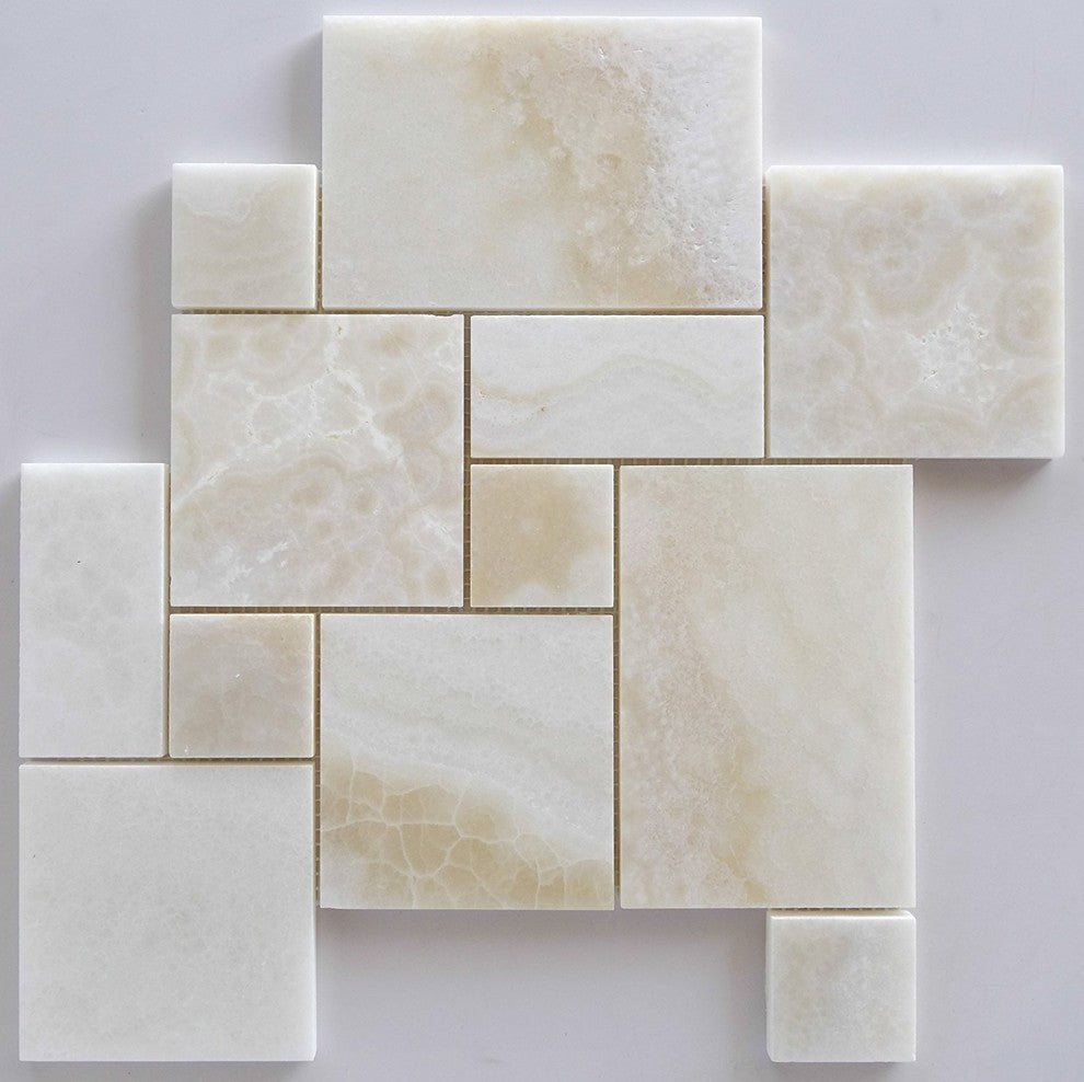 Premium White Onyx CROSS-CUT 4-Pieced OPUS Mini-Pattern Polished Mosaic Tile