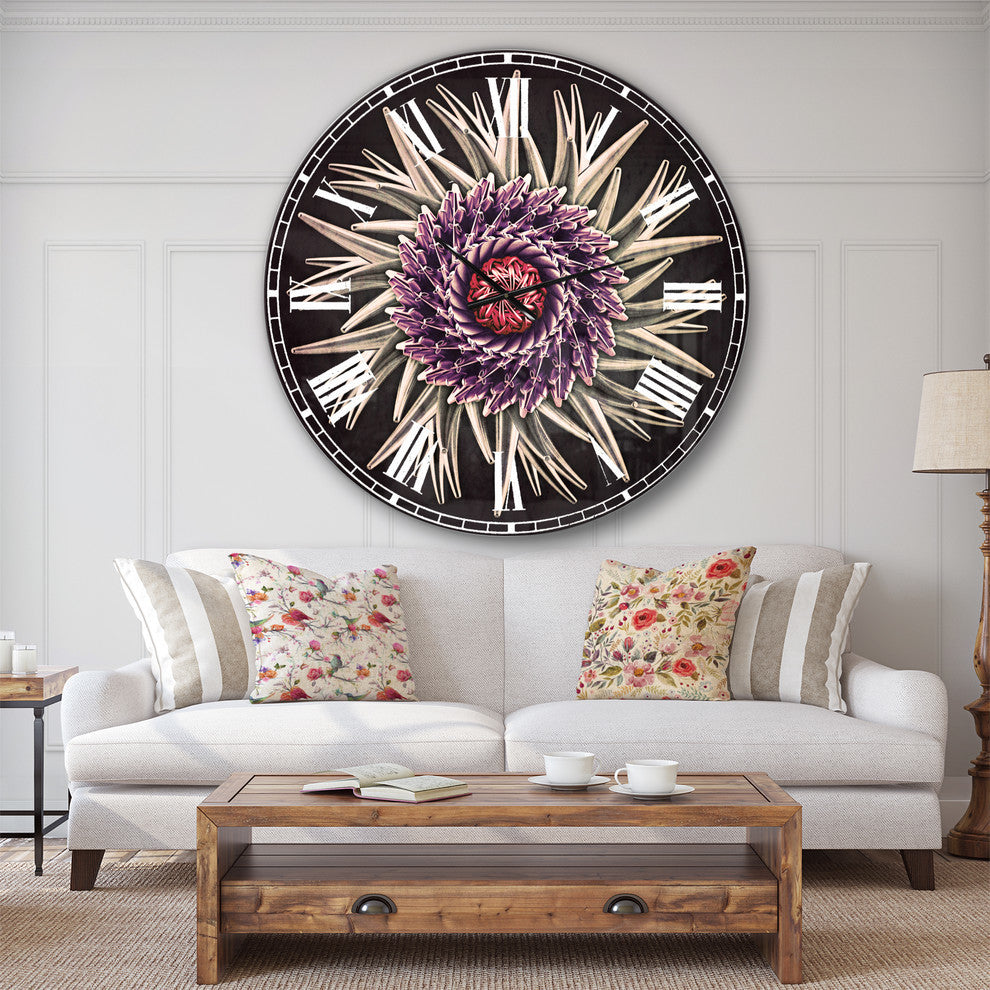 Purple Abstract 3D Flower On Black Flowers Metal Clock, 36x36