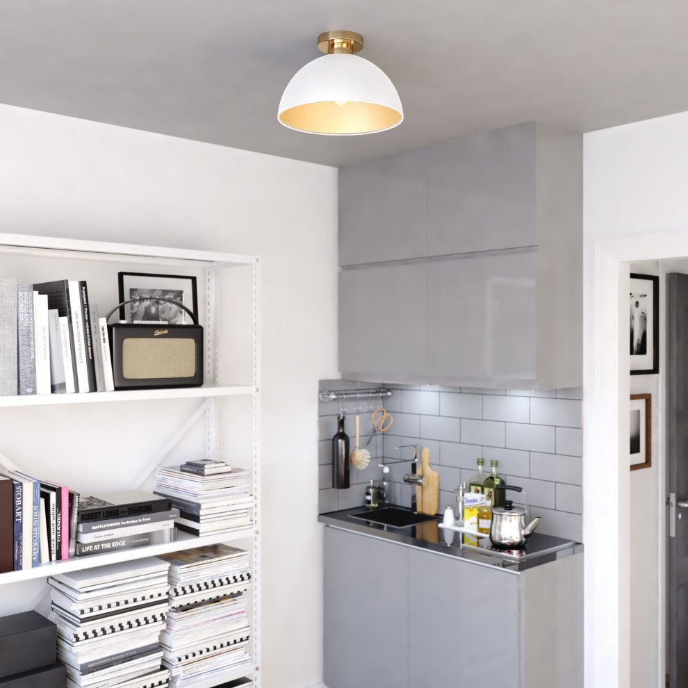 Devon Mid-Century Modern Semi Flush Mount Ceiling Light, Glossy White and Satin Brass