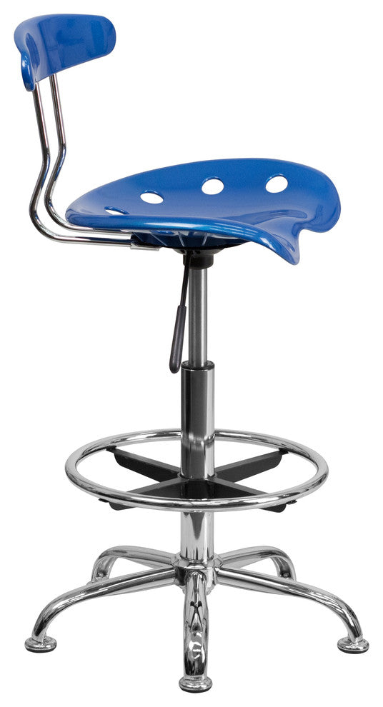 Vibrant Bright Blue and Chrome Drafting Stool With Tractor Seat