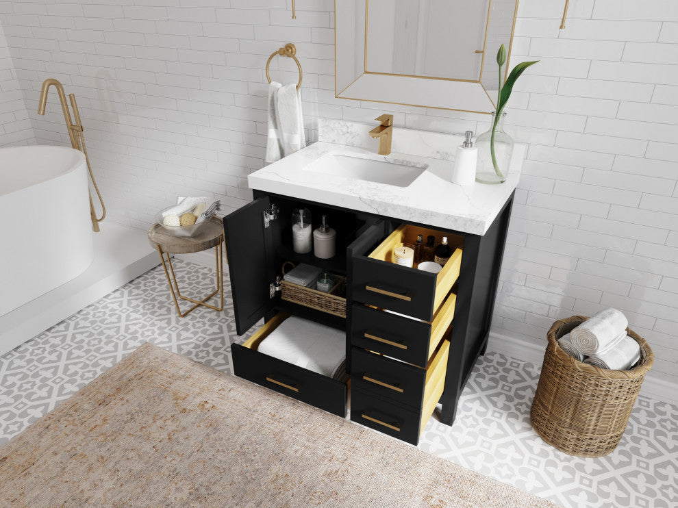 Malibu 36 Left Offset Bath Vanity in Black 1.5" White Quartz