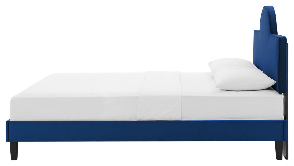 Platform Bed Frame, King Size, Blue Navy, Velvet, Modern, Bedroom Guest Suite