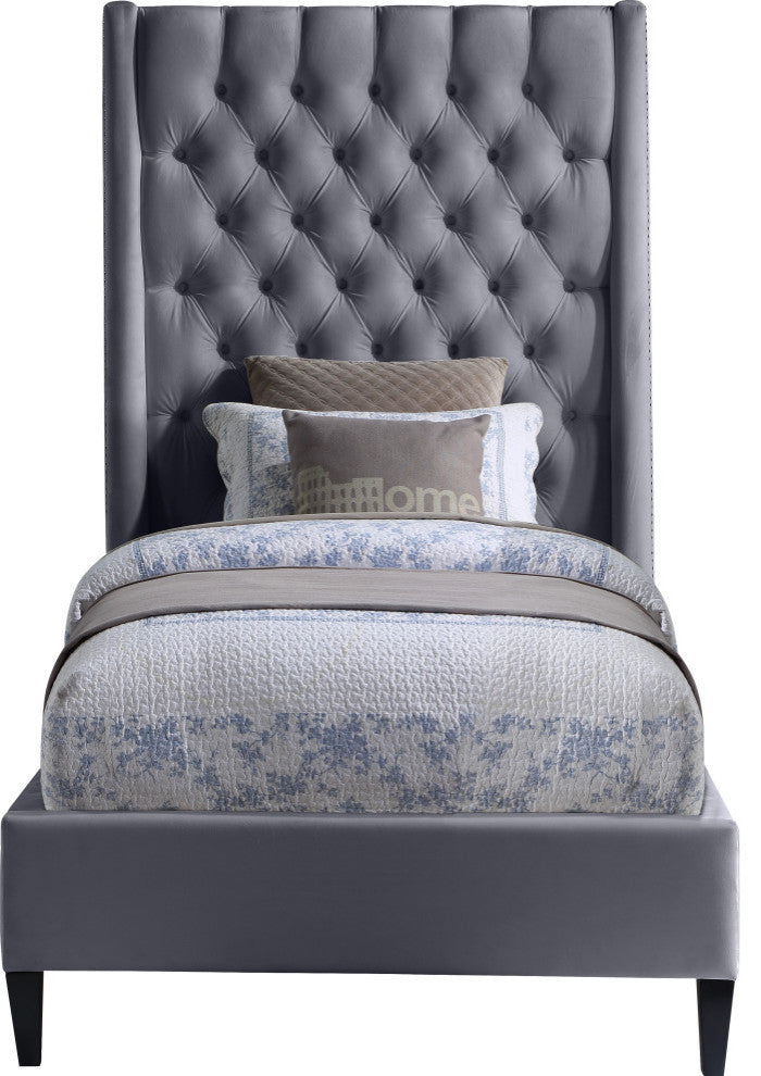 Fritz Velvet Upholstered Bed, Gray, Twin