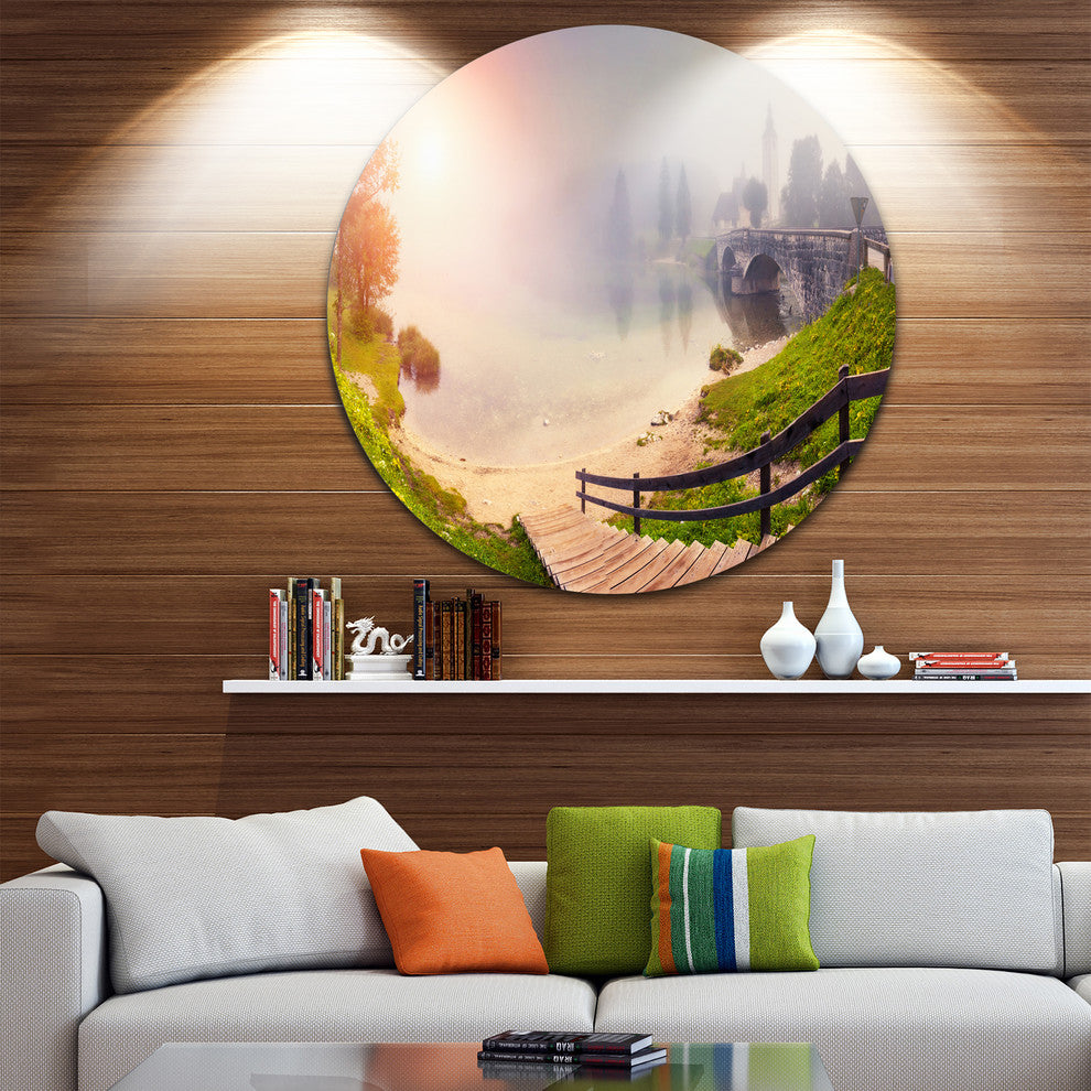 Majestic Foggy Morning In Lake, Landscape Disc Metal Artwork, 11"