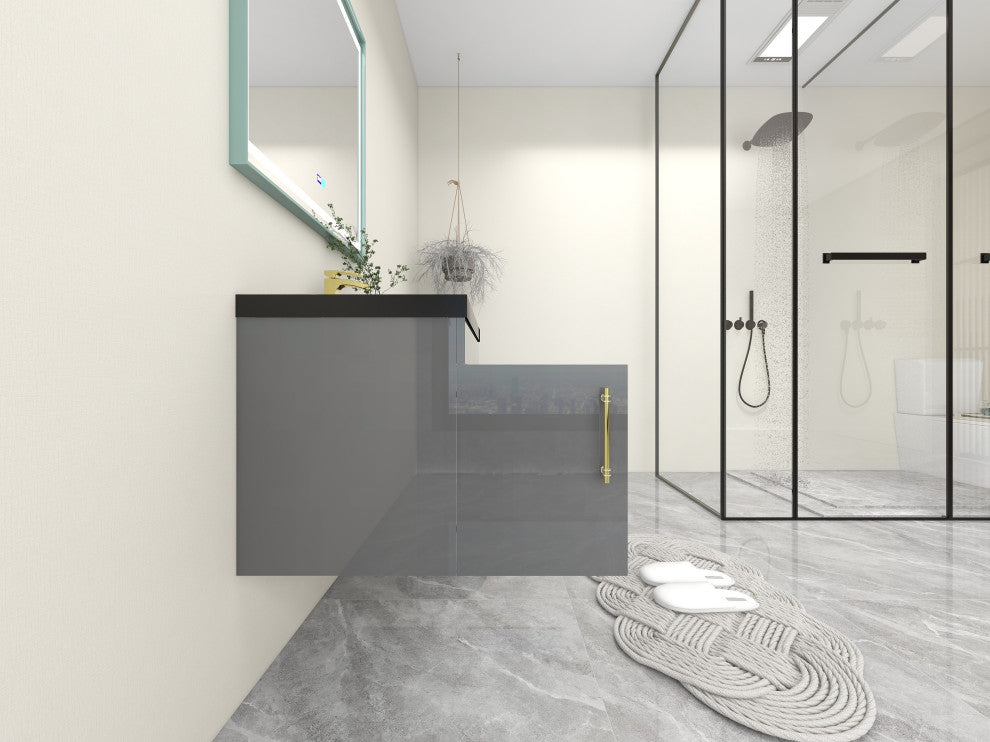Rosa 30" Wall Mounted Modern Vanity, High Gloss Gray, Matt Black Top
